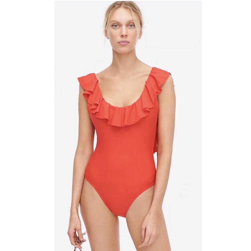 J Crew Red Ruffle Scoop One Piece Bathing Suit Swimsuit 14‎ Modest